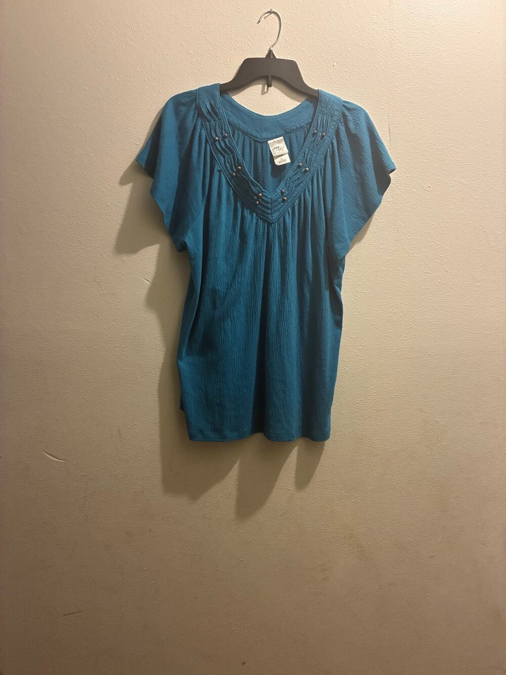 Just My Size JMS Teal Crinkle Pintuck Studded Blouse Plus Size 1X 16W Casual Top
